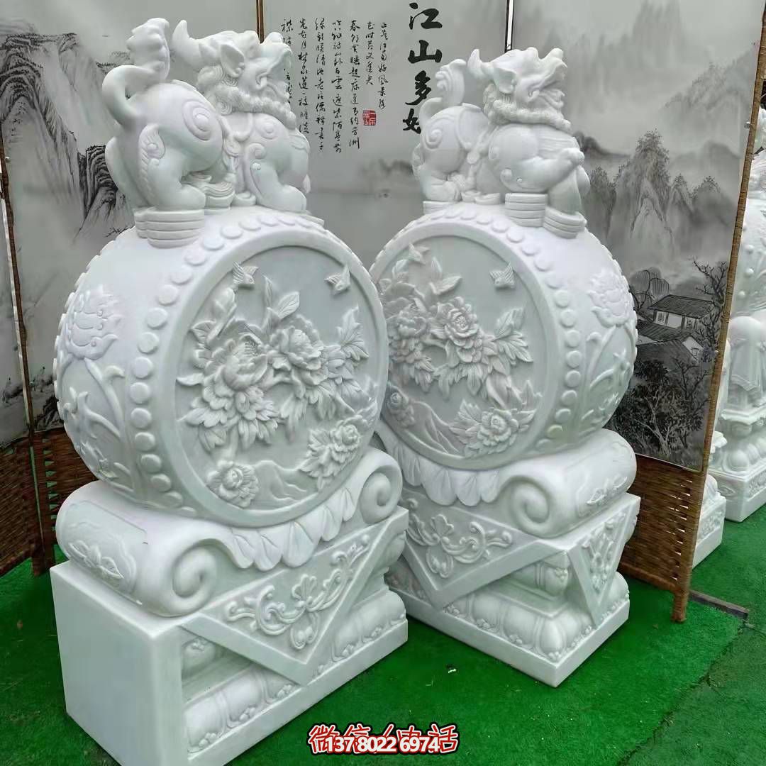 天然優(yōu)質(zhì)漢白玉浮雕麒麟抱鼓石，裝點(diǎn)你的庭院門口