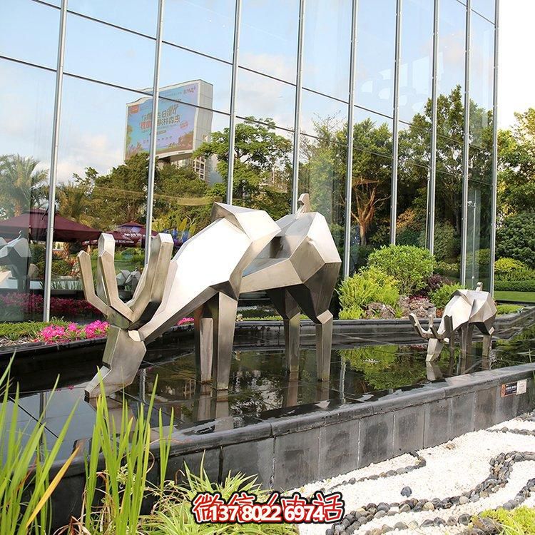 精致雕塑，幾何鏡面不銹鋼鹿，點綴精致水景小品