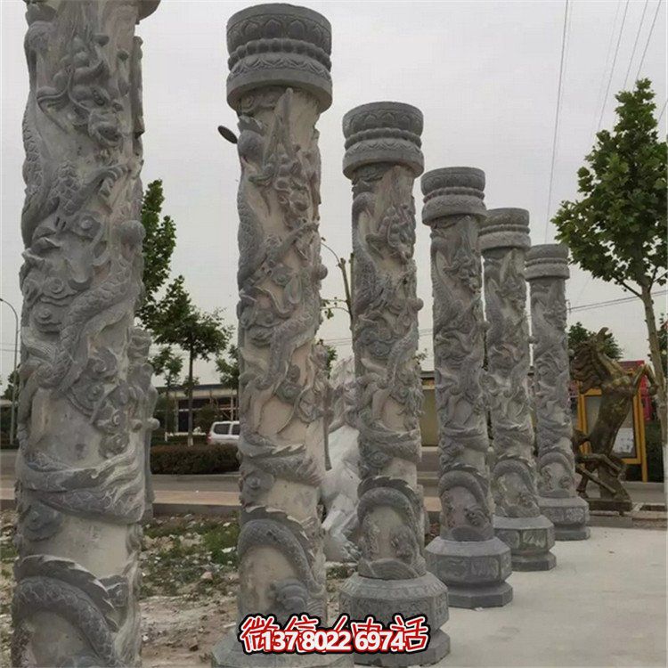 天然大理石浮雕龍盤柱，裝飾園林廣場的精美擺件