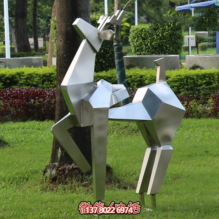 不銹鋼幾何切面鹿雕塑，優(yōu)雅動物景觀擺件
