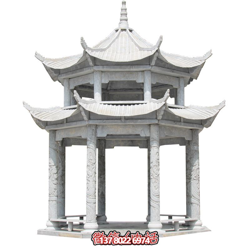 精美大理石雙層柱涼亭，雕塑點綴休息亭