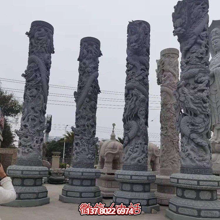 青石浮雕龍柱，精美石雕園林景觀裝飾