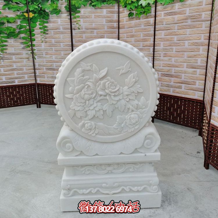 中式風(fēng)格天然漢白玉石雕抱鼓浮雕門墩，花開富貴
