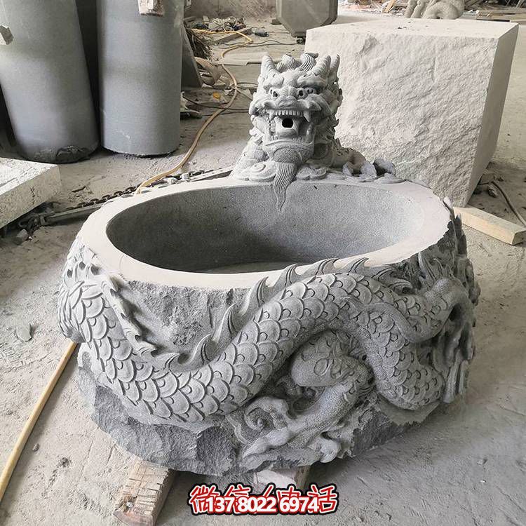 仿古石缸水缸青石龍形浮雕雕塑，為您的庭院增添一抹古樸