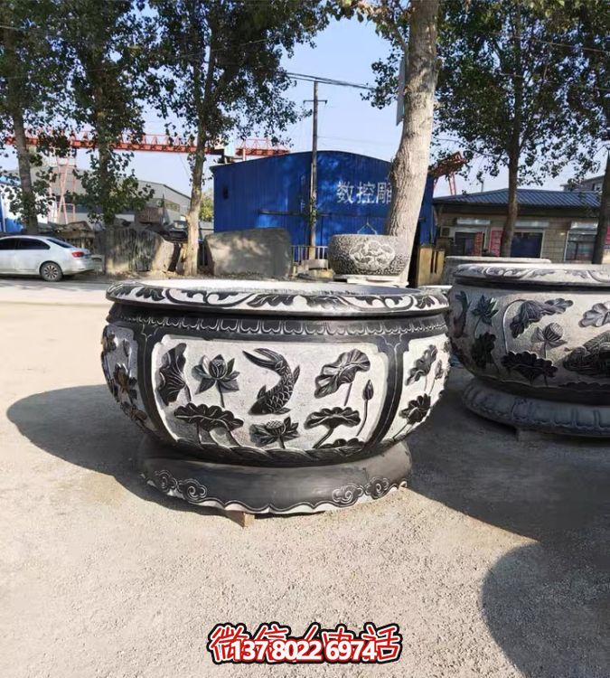 古典仿古石雕魚缸，添點家園庭院荷花水景