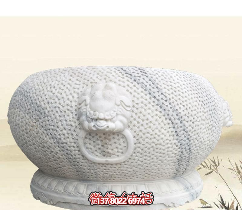 精美狴犴圓形雕塑，點綴庭院水缸浮雕