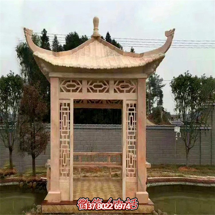 紅石雕鏤涼亭，晚霞中空中創(chuàng)意雕塑
