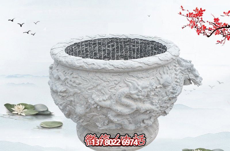 漢白玉石雕龍浮雕水缸雕塑，為庭院增添優(yōu)雅氣息