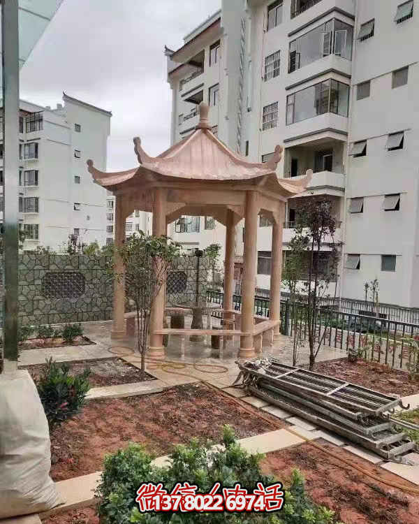 晚霞色石雕大理石涼亭，點(diǎn)綴園林美景