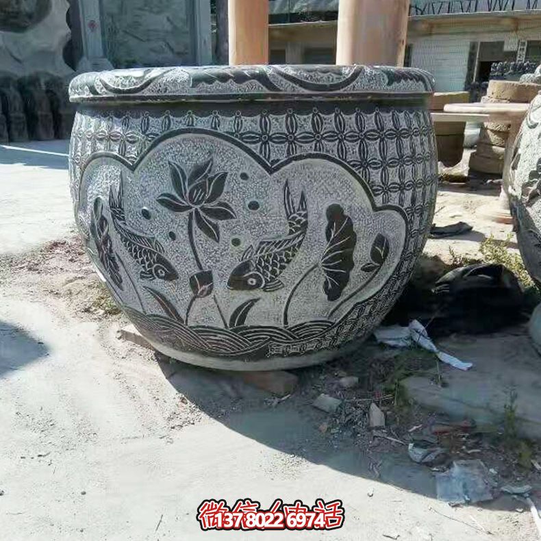 青石雙魚(yú)蓮花雕塑，養(yǎng)花缸精美裝飾