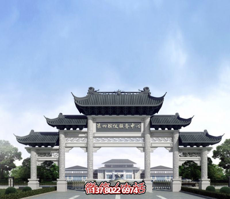 一座新式殯儀館五門景觀、青瓦斗拱、牌樓等高雅裝飾