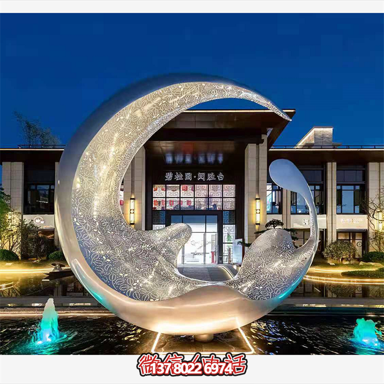 不銹鋼月亮水滴雕塑，透光水景裝飾雕塑