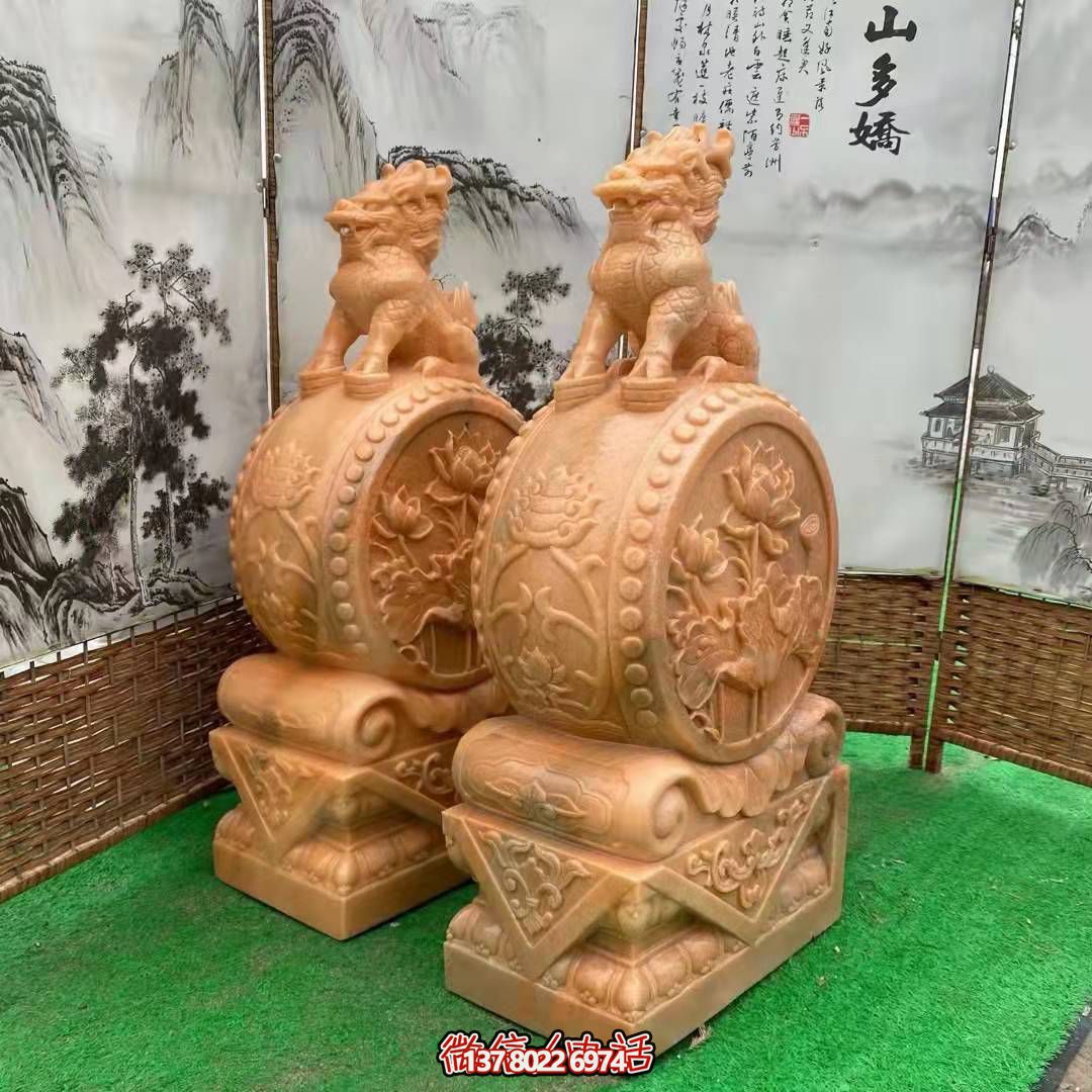 麒麟抱鼓石，晚霞紅荷花門墩